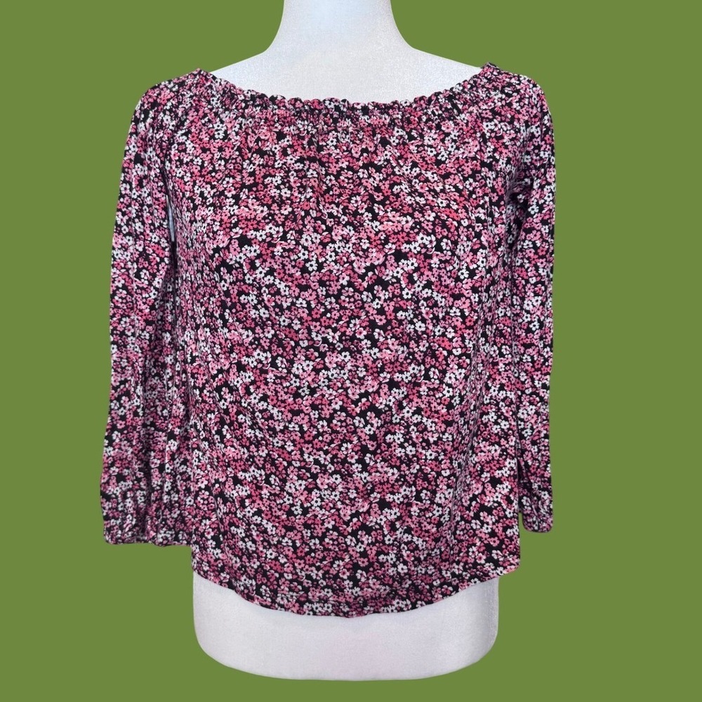 Floral Off The Shoulder Blouse Top S Pink Black Smocked Neckline